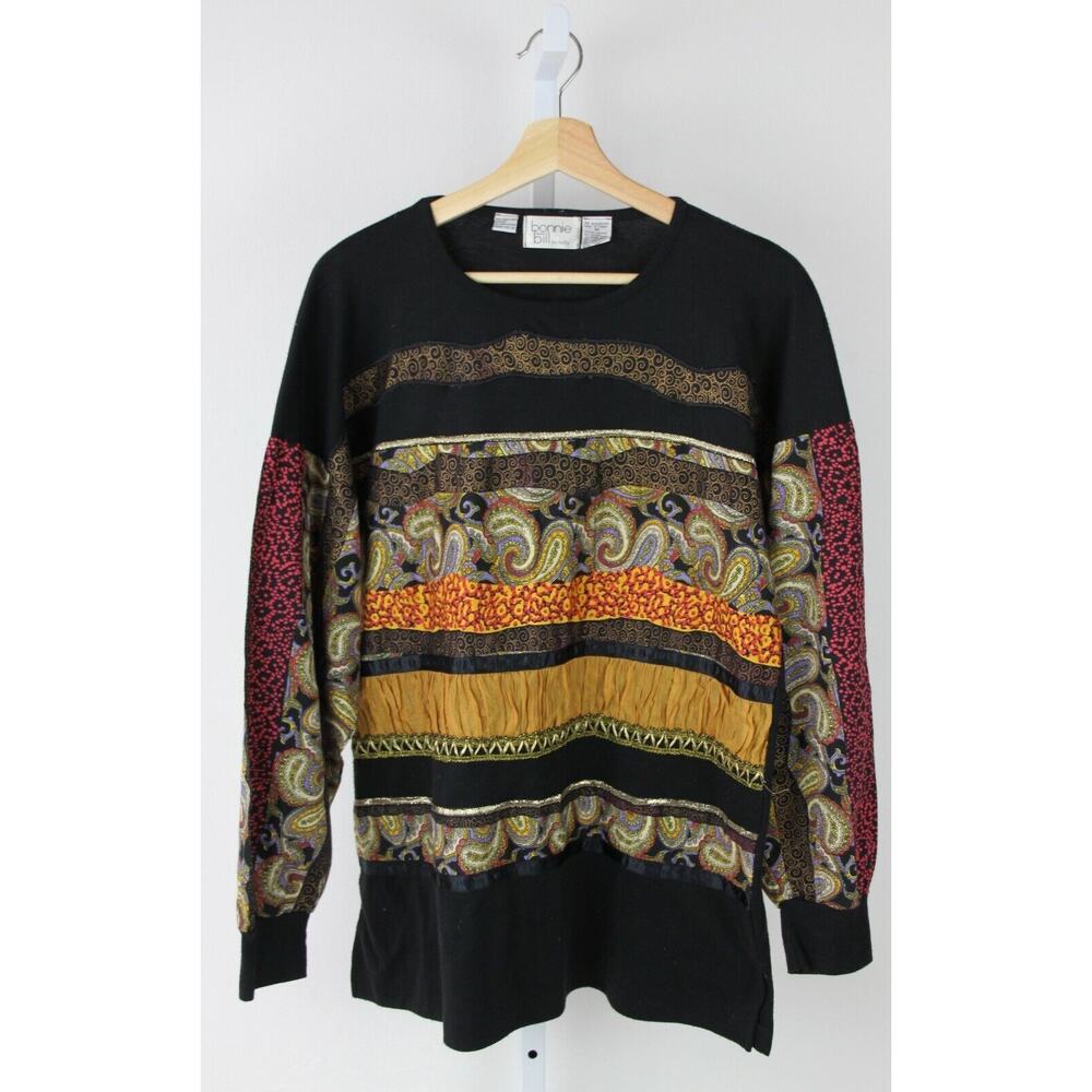 VTG Bonnie & Bill by Holly M Mix Media Stripe Top Long Sleeve Artsy Shirt Black